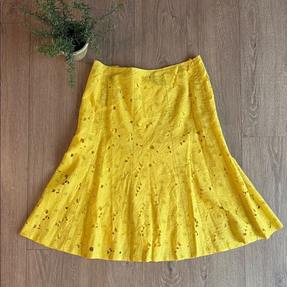 100% LINEN LAFAYETTE 148 YELLOW FLORAL A-LINE MIDI SKIRT SIZE 12 RETAIL $450